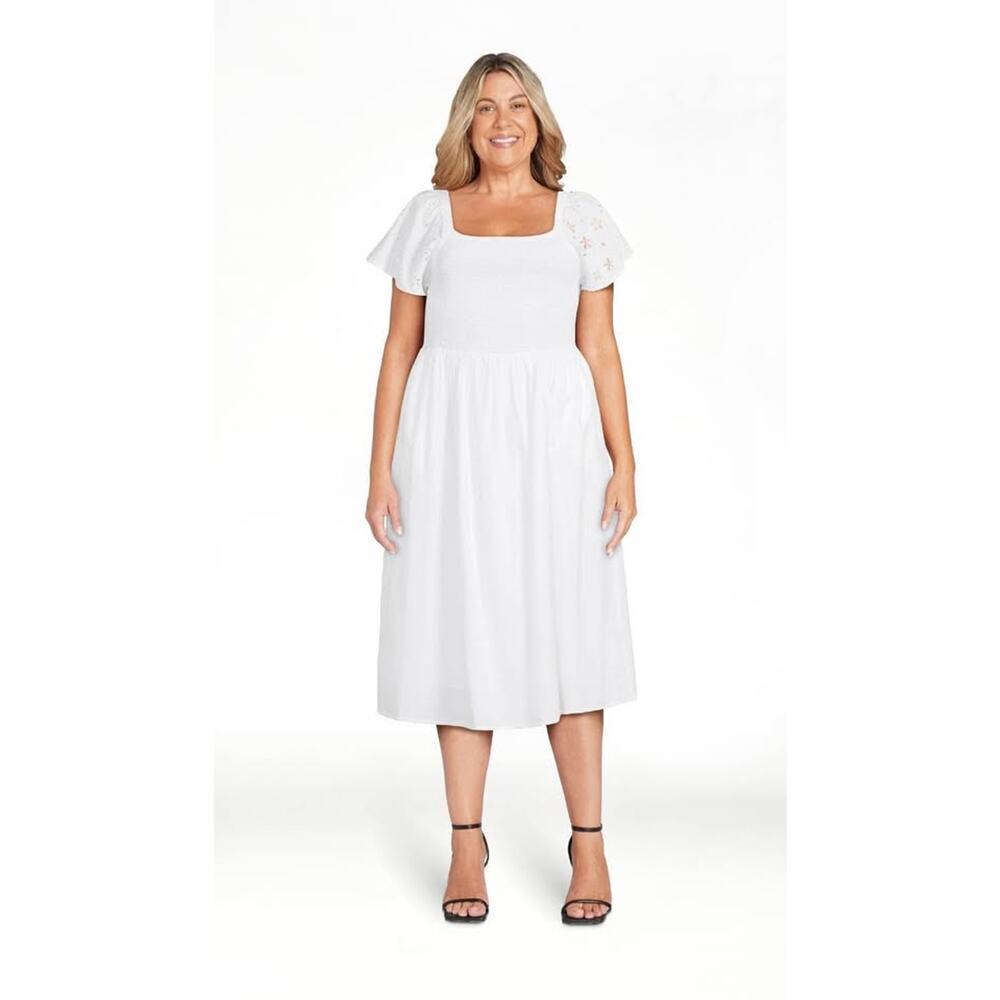 Beachlunchlounge Women's Large White Smocked Eyelet Sleeves Midi Dress